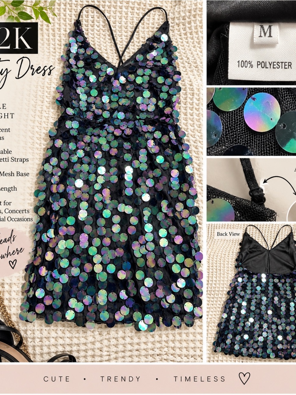 Source Unknown Black Backless Mini Dress with Iridescent Sequin Discs